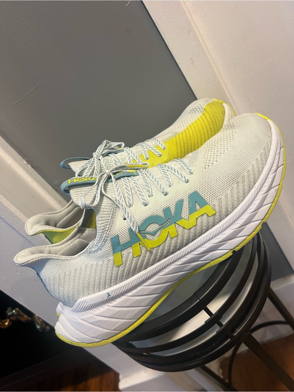 Hoka Slipstream Knit Running Shoes in White, Yellow, Aqua size 11D